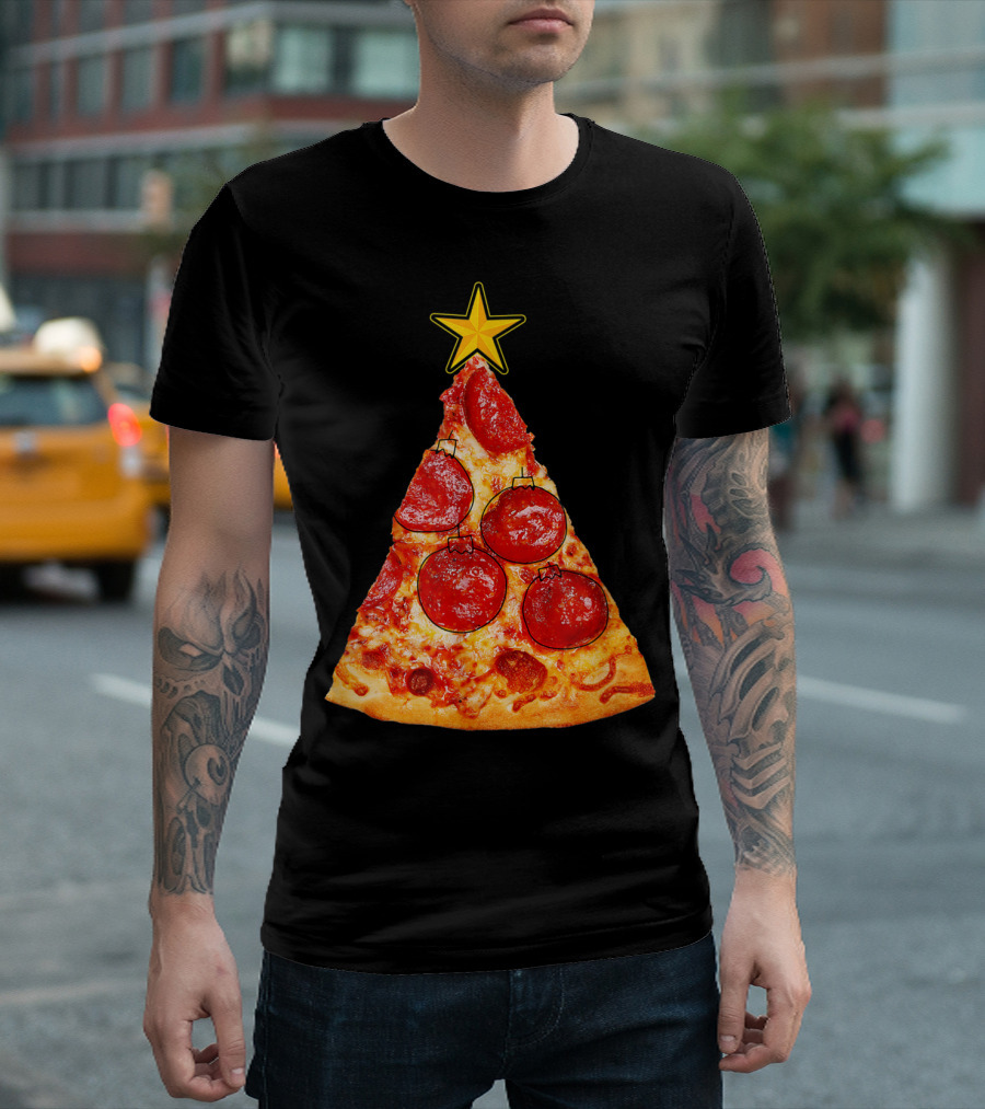 Pizza Slice Christmas Tree With Pepperoni Ornaments And Star Topper T-Shirt