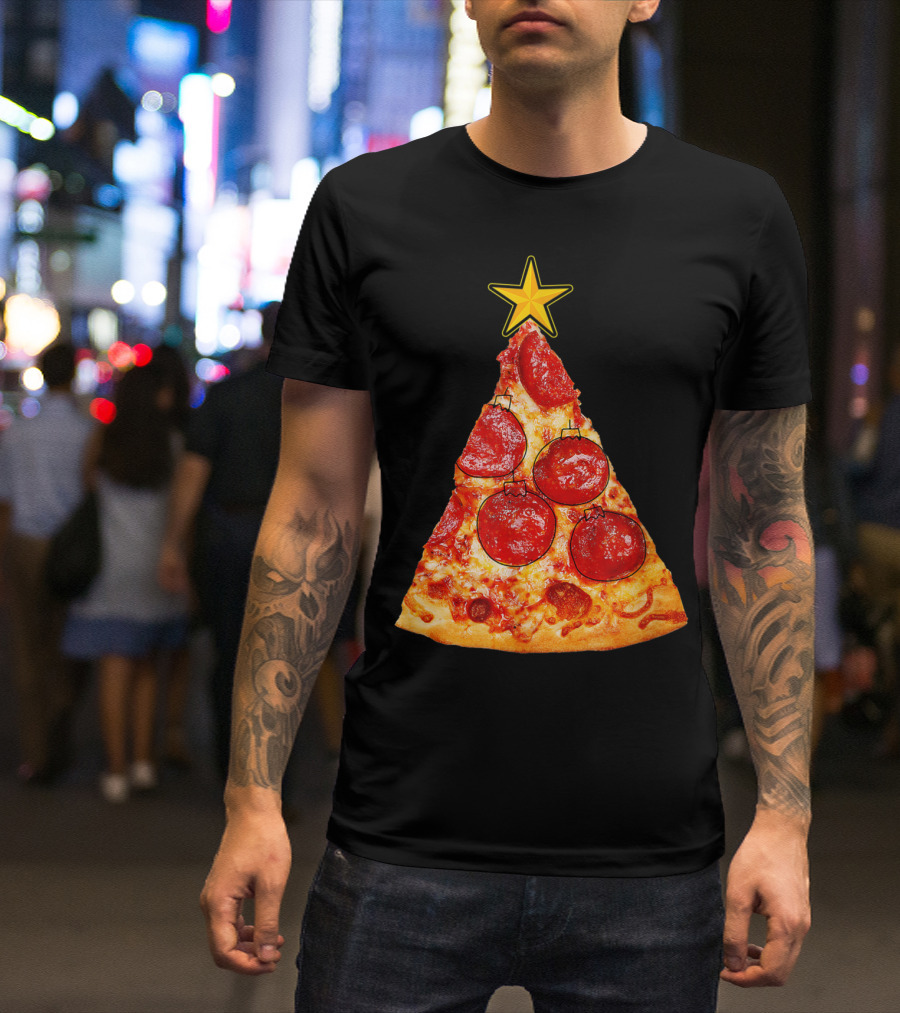 Pizza Slice Christmas Tree With Pepperoni Ornaments And Star Topper T-Shirt