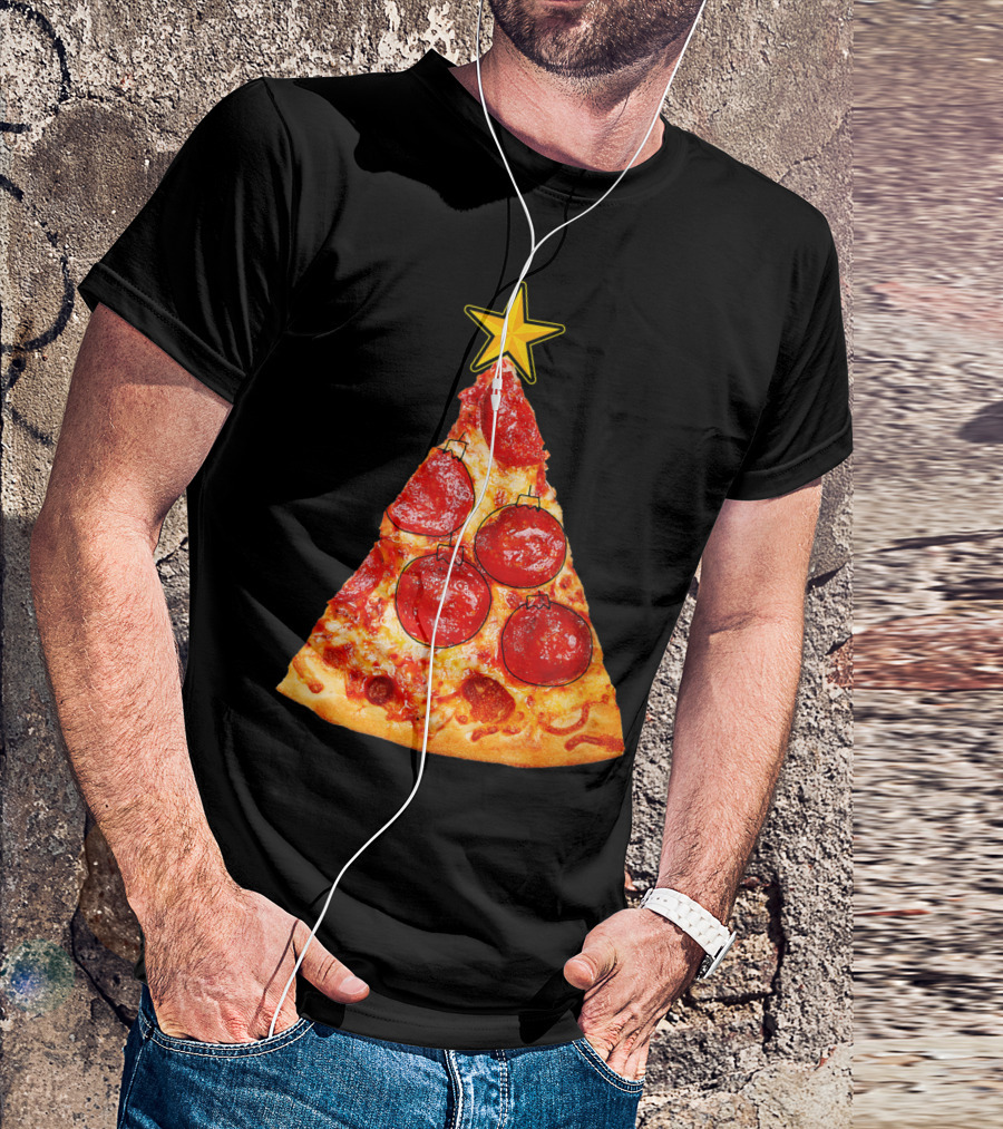 Pizza Slice Christmas Tree With Pepperoni Ornaments And Star Topper T-Shirt