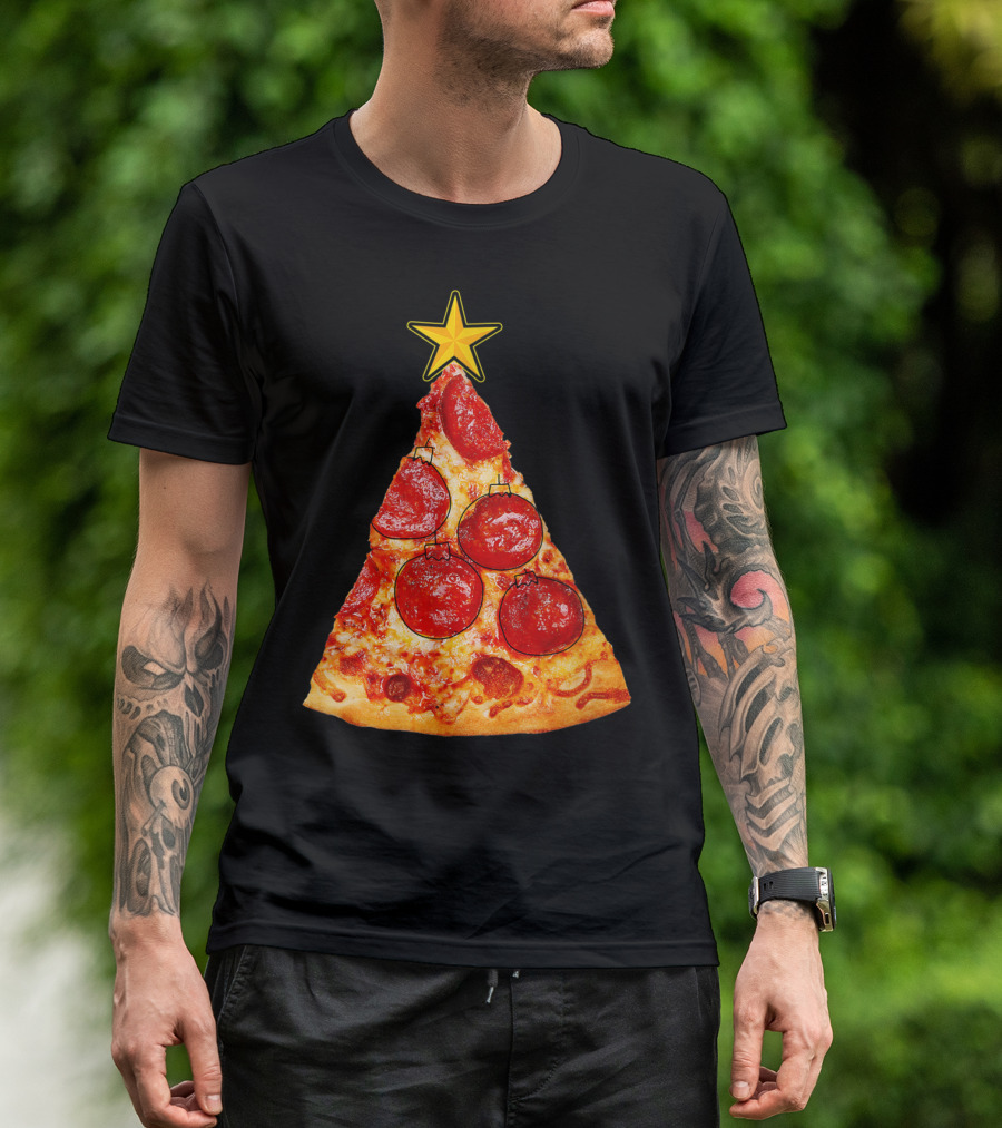 Pizza Slice Christmas Tree With Pepperoni Ornaments And Star Topper T-Shirt