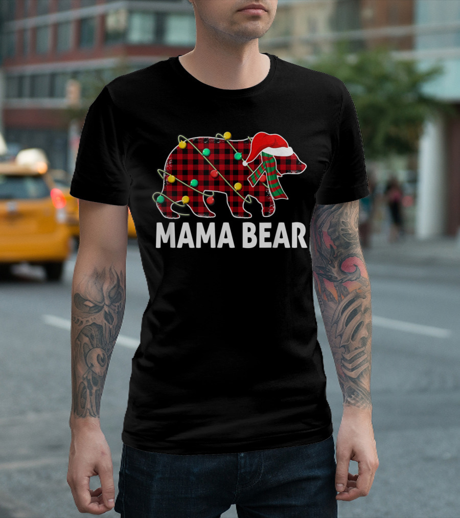Mama Bear Plaid Santa Hat Christmas Lights T-Shirt