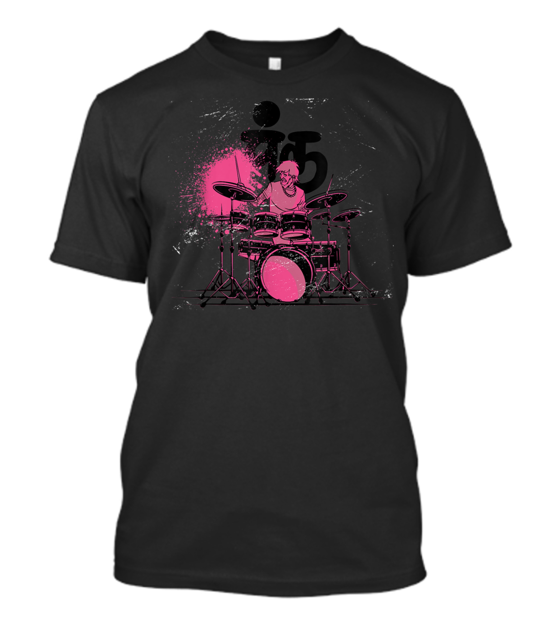 Pink Punk Band Drummer Graphic With Drum Set And Grunge Effect T-Shirt