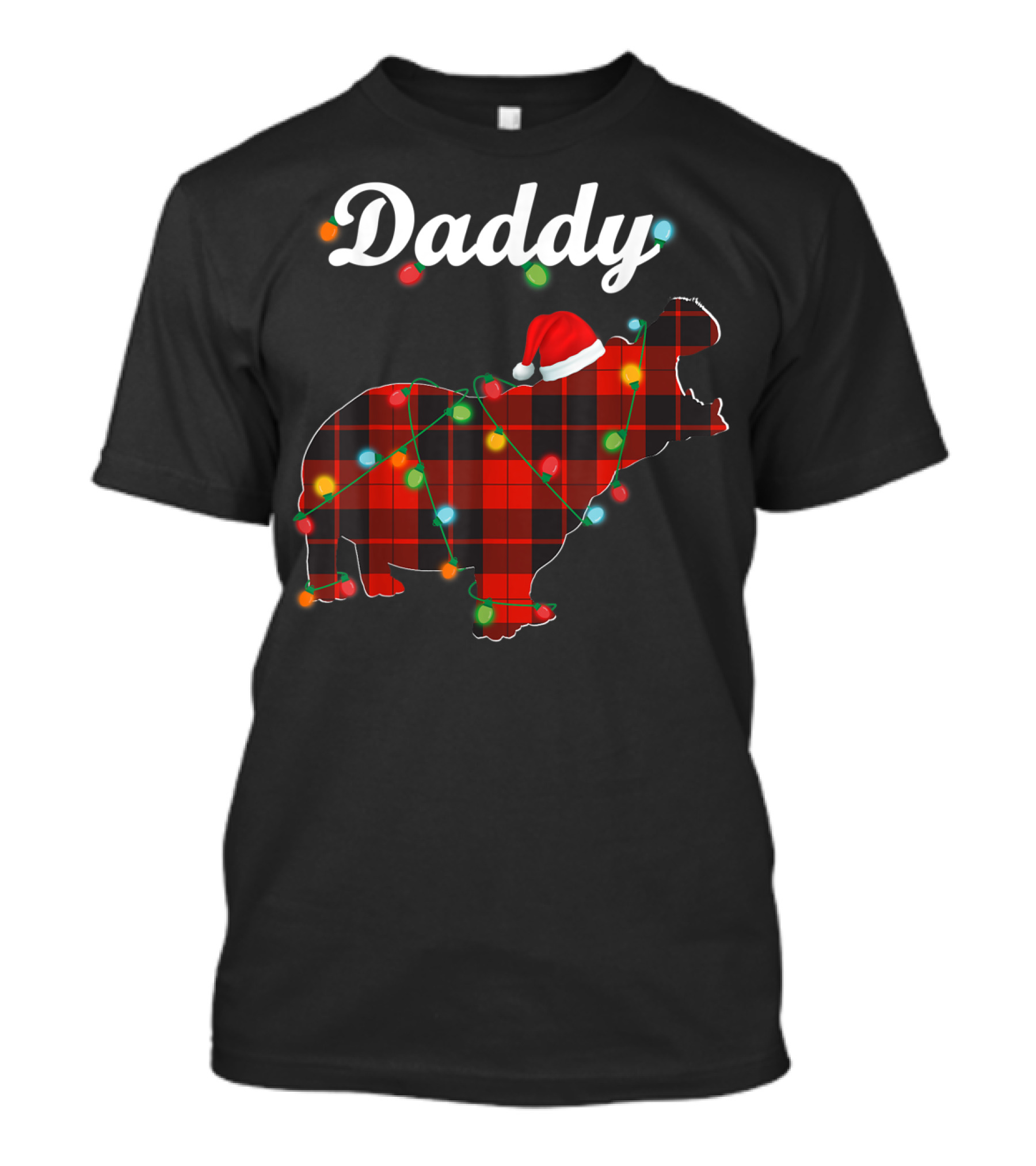 Daddy Red Plaid Hippopotamus Christmas Lights Santa Hat T-Shirt