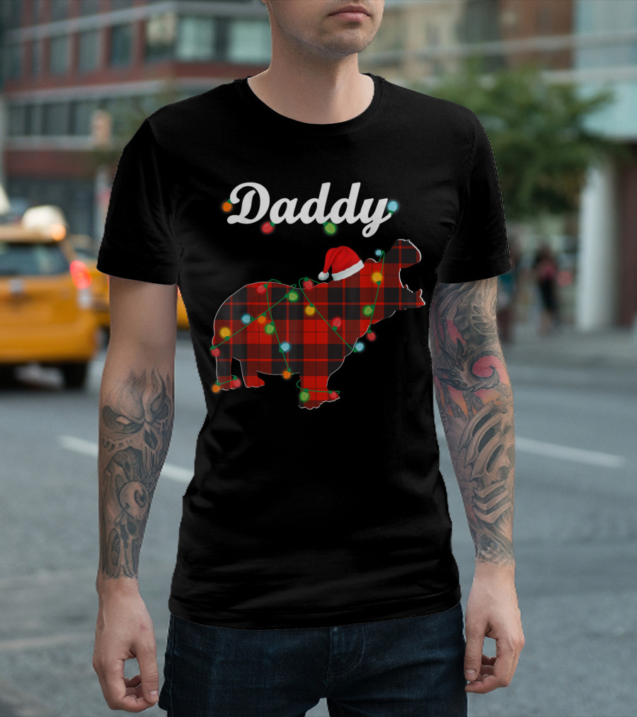 Daddy Red Plaid Hippopotamus Christmas Lights Santa Hat T-Shirt