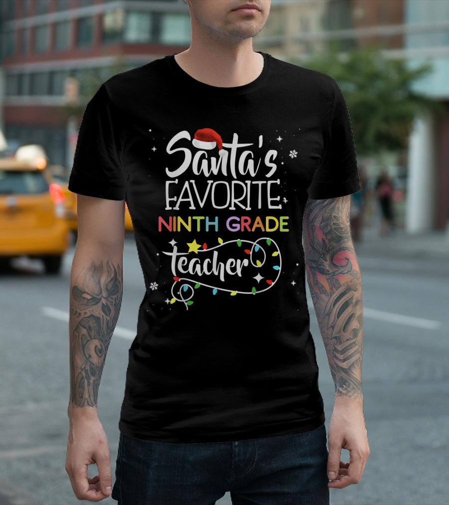 Santa's Favorite Ninth Grade Teacher Christmas Lights Snowflakes T-Shirt
