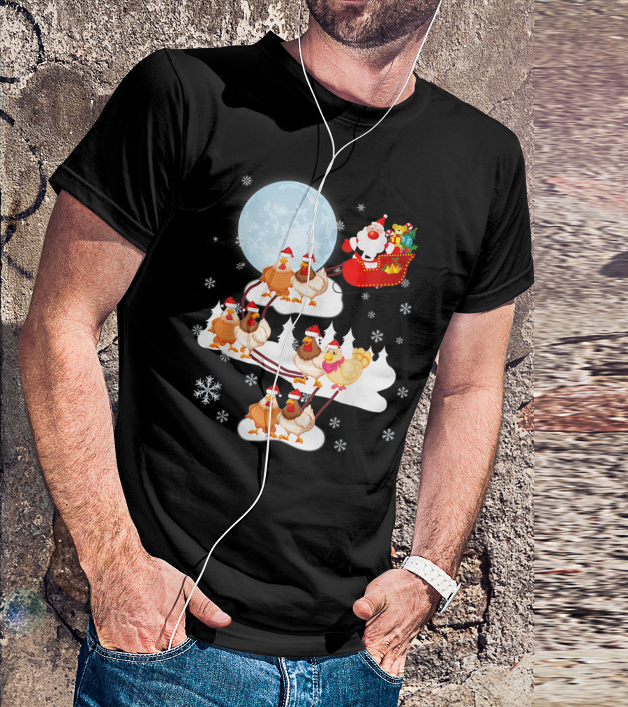 Santa Sleigh Sled Riding Chickens Full Moon Christmas Snowflakes T-Shirt