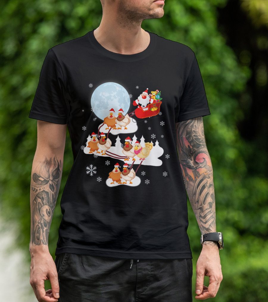 Santa Sleigh Sled Riding Chickens Full Moon Christmas Snowflakes T-Shirt