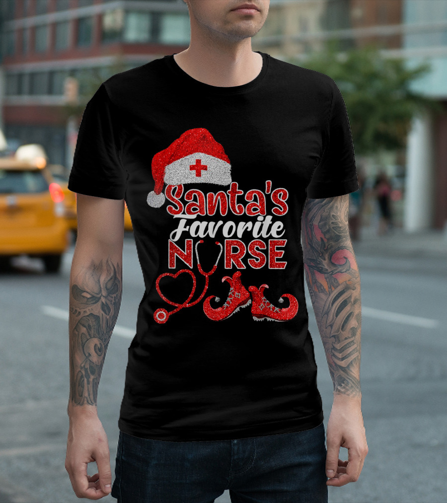 Santa's Favorite Nurse Heart Stethoscope Elf Shoes Merry Xmas Party T-Shirt