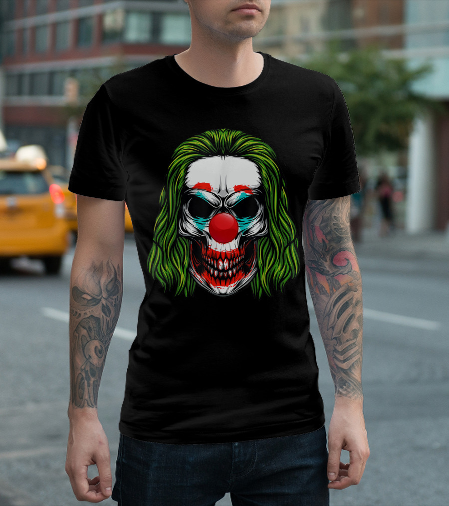 Scary Clown Skull Horror With Green Hair And Red Nose T-Shirt