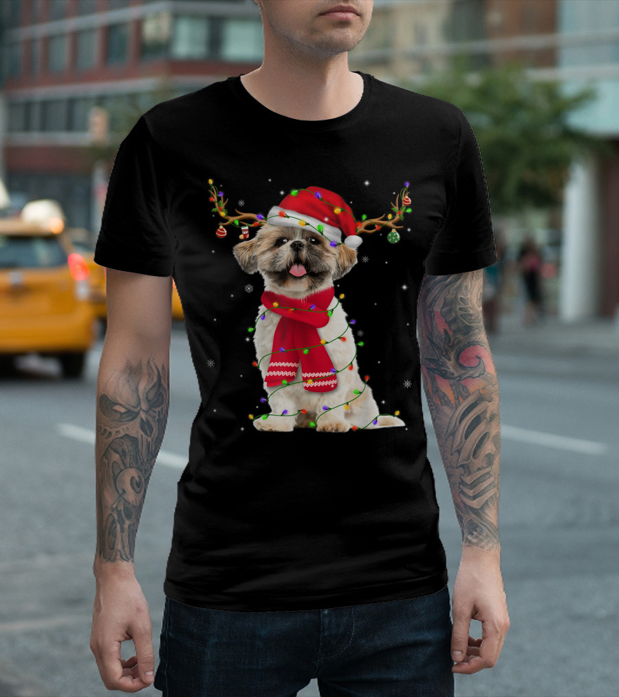 Shih Tzu Christmas Reindeer Antlers Red Scarf Santa Hat Festive Lights T-Shirt