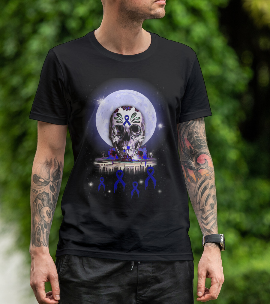 Skull With Floral Motifs And Blue Ribbon In Front Of Full Moon For Rectal Cancer Awareness T-Shirt