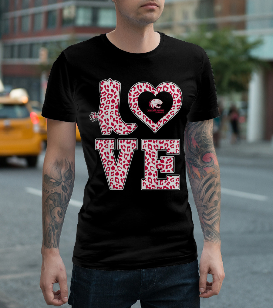 South Alabama Jaguars Leopard Print Love Logo Graduation T-Shirt