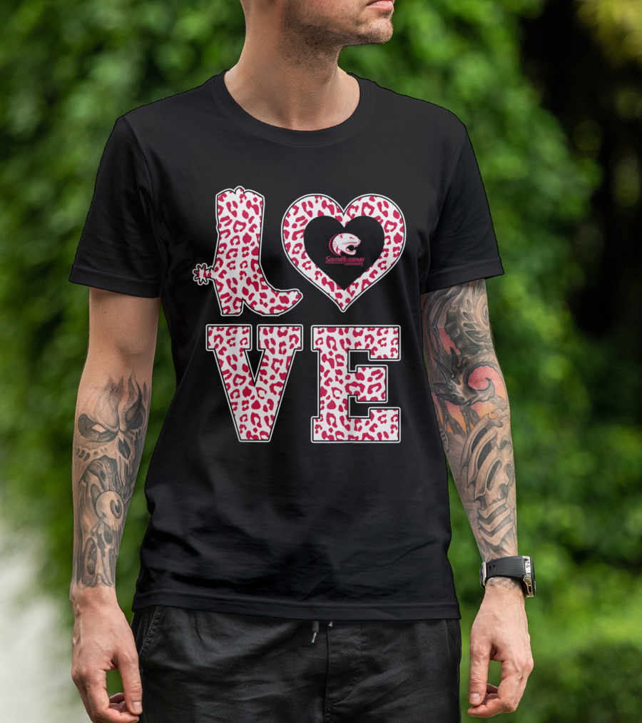 South Alabama Jaguars Leopard Print Love Logo Graduation T-Shirt