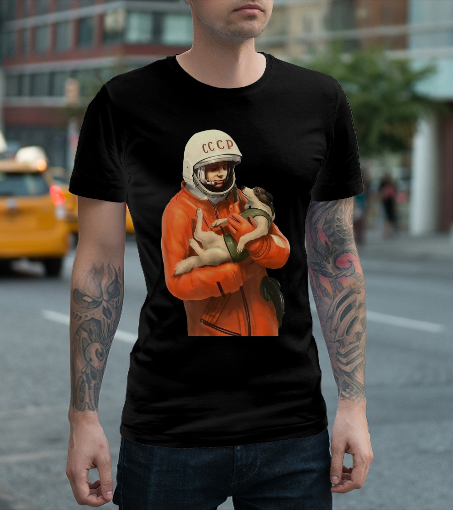 Soviet Space Gagarin USSR CCCP Cosmonaut with Dog in Orange Suit T-Shirt