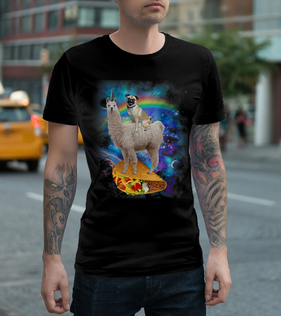 Space Pug on Llama with Taco in Galaxy Background T-Shirt