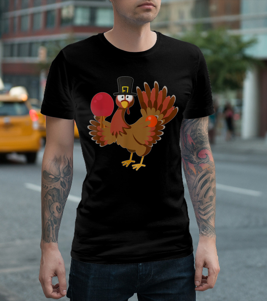 Thanksgiving Turkey Playing Ping Pong With Paddle And Pilgrim Hat T-Shirt