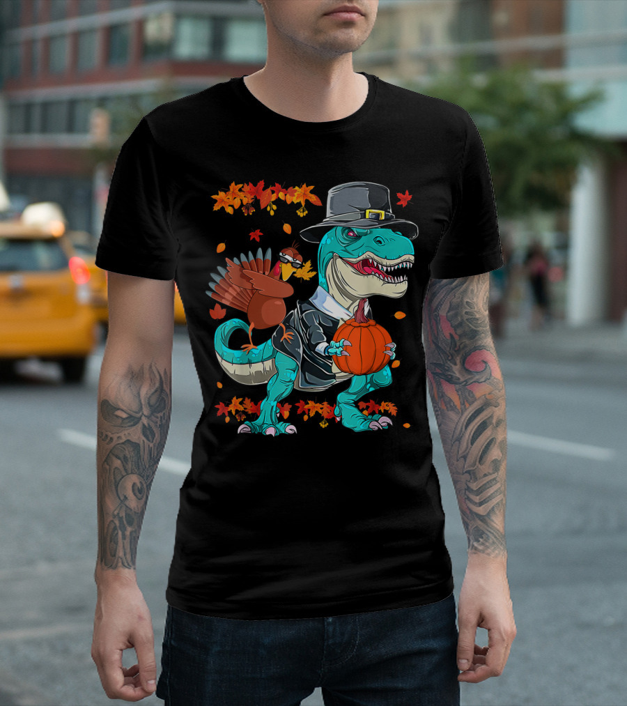 Thanksgiving Pilgrim T-Rex Dinosaur Dabbing Turkey with Pumpkin and Autumn Leaves T-Shirt