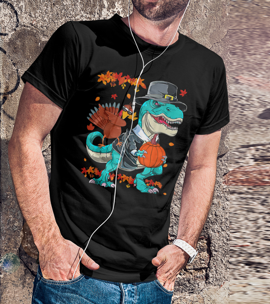 Thanksgiving Pilgrim T-Rex Dinosaur Dabbing Turkey With Pumpkin And Autumn Leaves T-Shirt