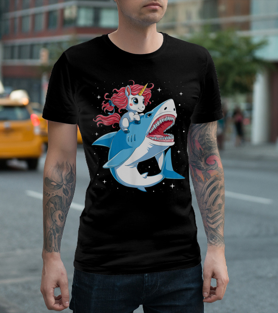 Unicorn Riding Shark In Space Galaxy Adventure T-Shirt