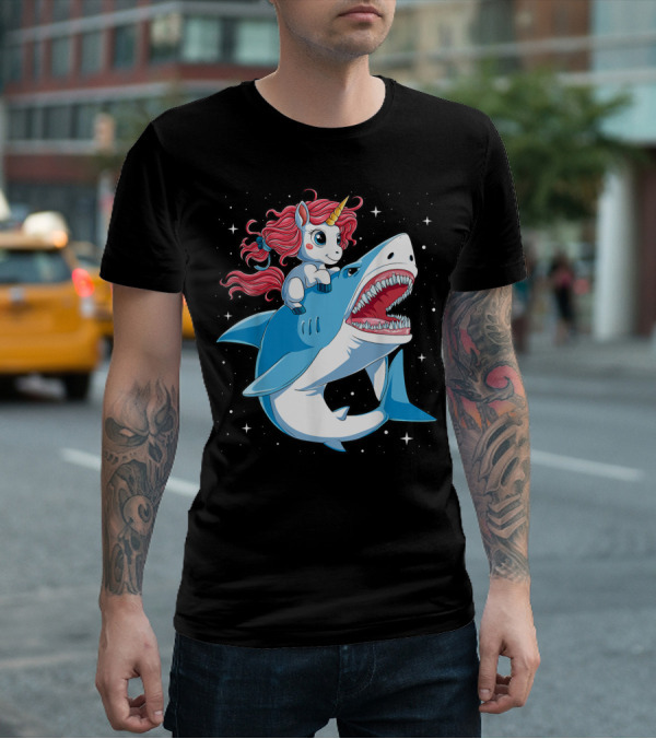 Unicorn Riding Shark In Space Galaxy Adventure T-Shirt