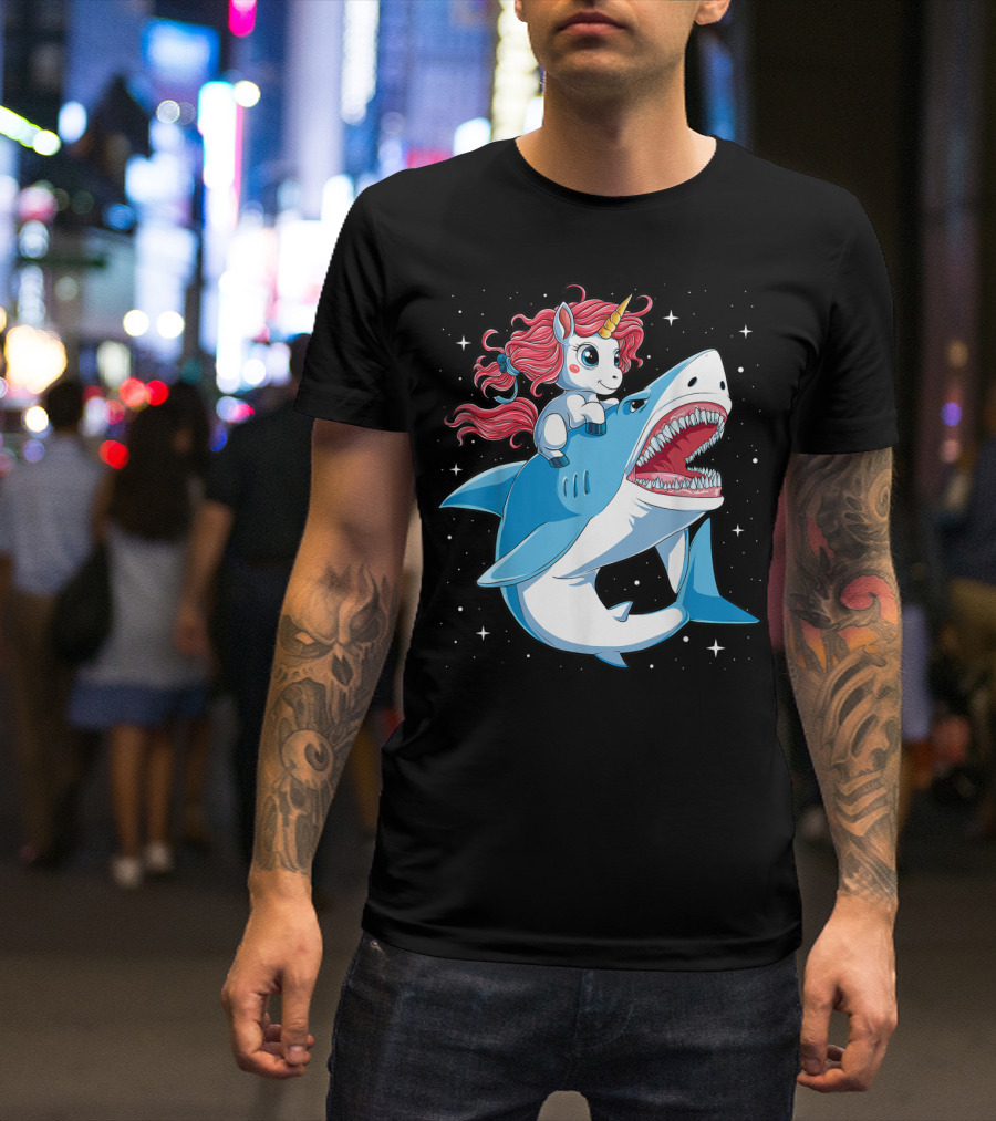 Unicorn Riding Shark In Space Galaxy Adventure T-Shirt