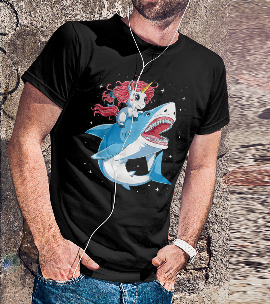 Unicorn Riding Shark In Space Galaxy Adventure T-Shirt