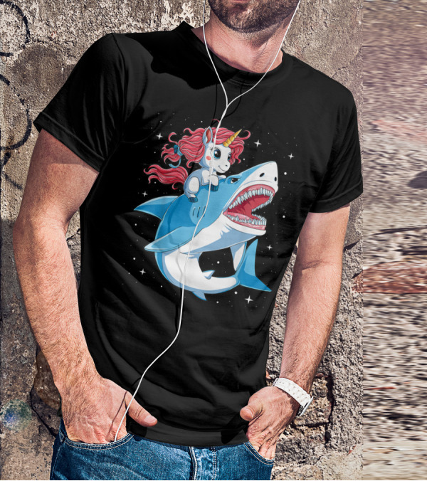Unicorn Riding Shark In Space Galaxy Adventure T-Shirt