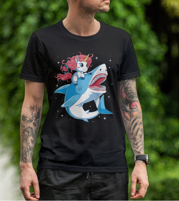 Unicorn Riding Shark In Space Galaxy Adventure T-Shirt