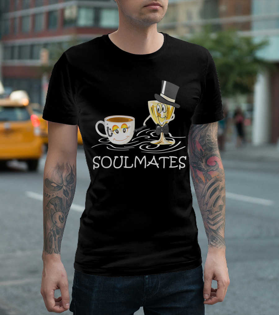 Funny Wine And Coffee Soulmates With Smiling Cup And Glass In Love T-Shirt