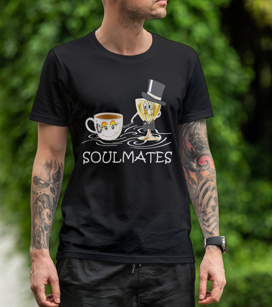 Funny Wine And Coffee Soulmates With Smiling Cup And Glass In Love T-Shirt