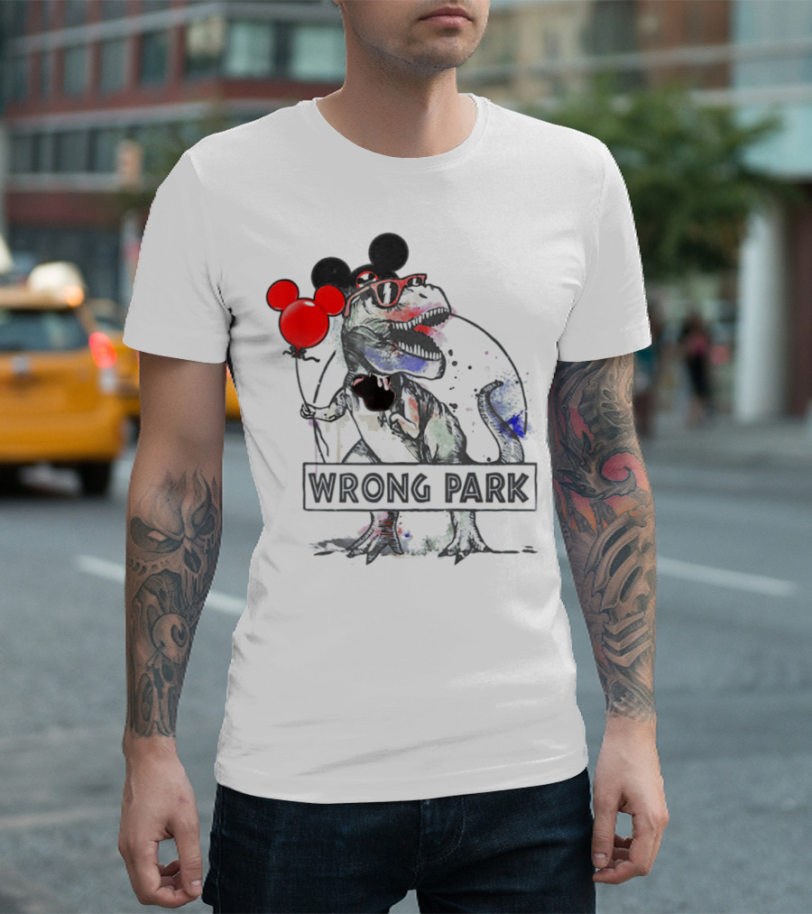 Wrong Park Funny Rex with Mouse Ears and Balloon T-Shirt