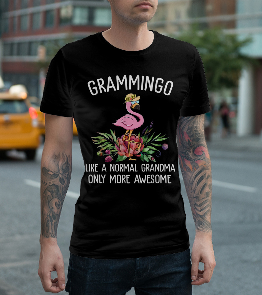 Grammingo Like A Normal Grandma Only More Awesome Pink Flamingo with Hat and Tropical Flowers T-Shirt