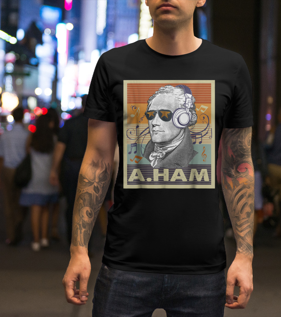 A. Ham Hamilton Headphones Music Notes Retro Vibe T-Shirt