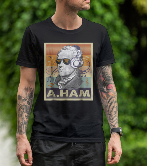 A. Ham Hamilton Headphones Music Notes Retro Vibe T-Shirt