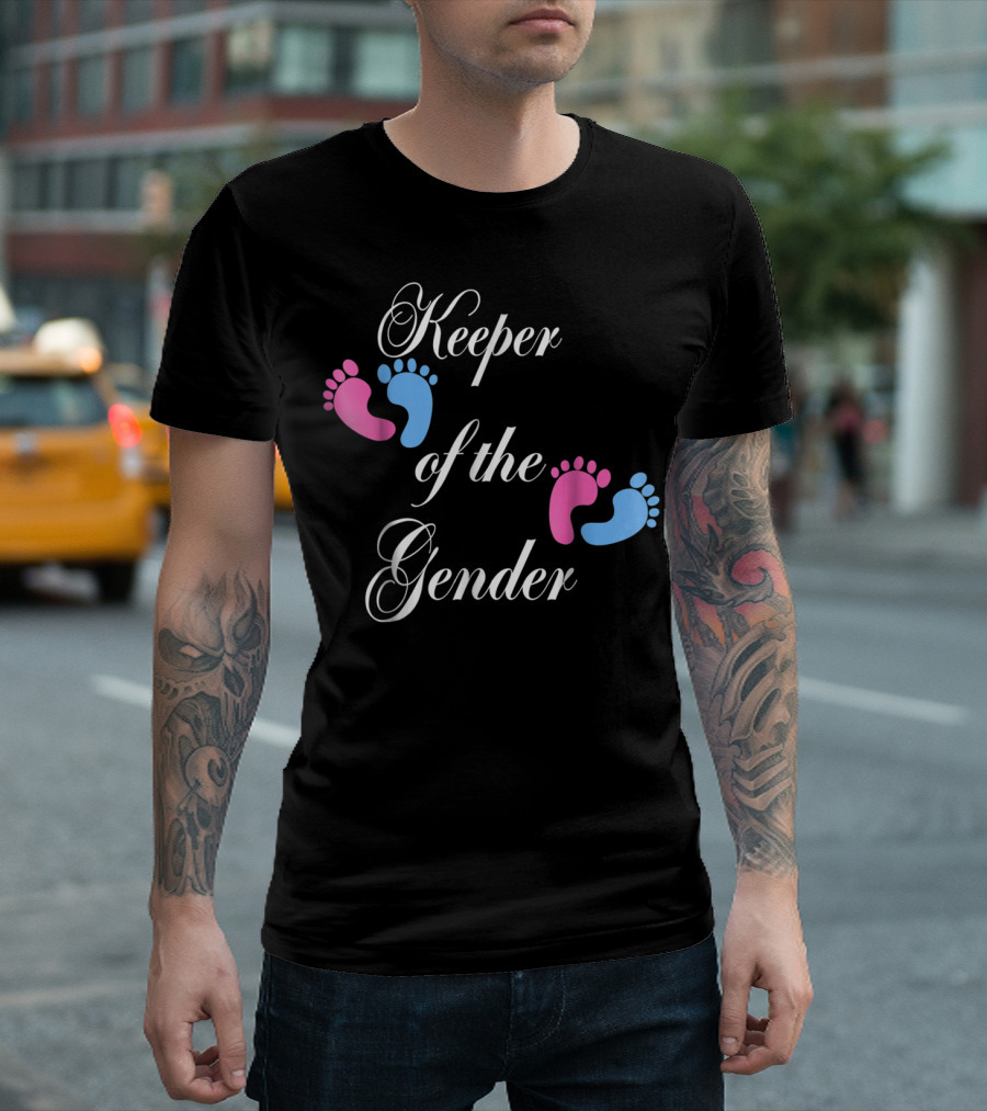 Keeper of the Gender Reveal Party Baby Announcement Pink Blue Footprints T-Shirt