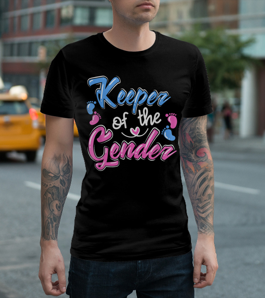 Keeper of the Gender Reveal Announcement with Pink and Blue Baby Footprints T-Shirt