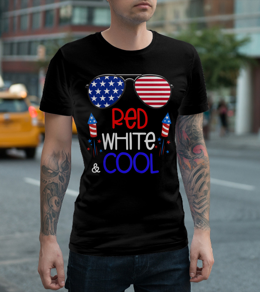 Red White And Cool Kids Boys 4th Of July Patriotic Sunglasses Fireworks T-Shirt
