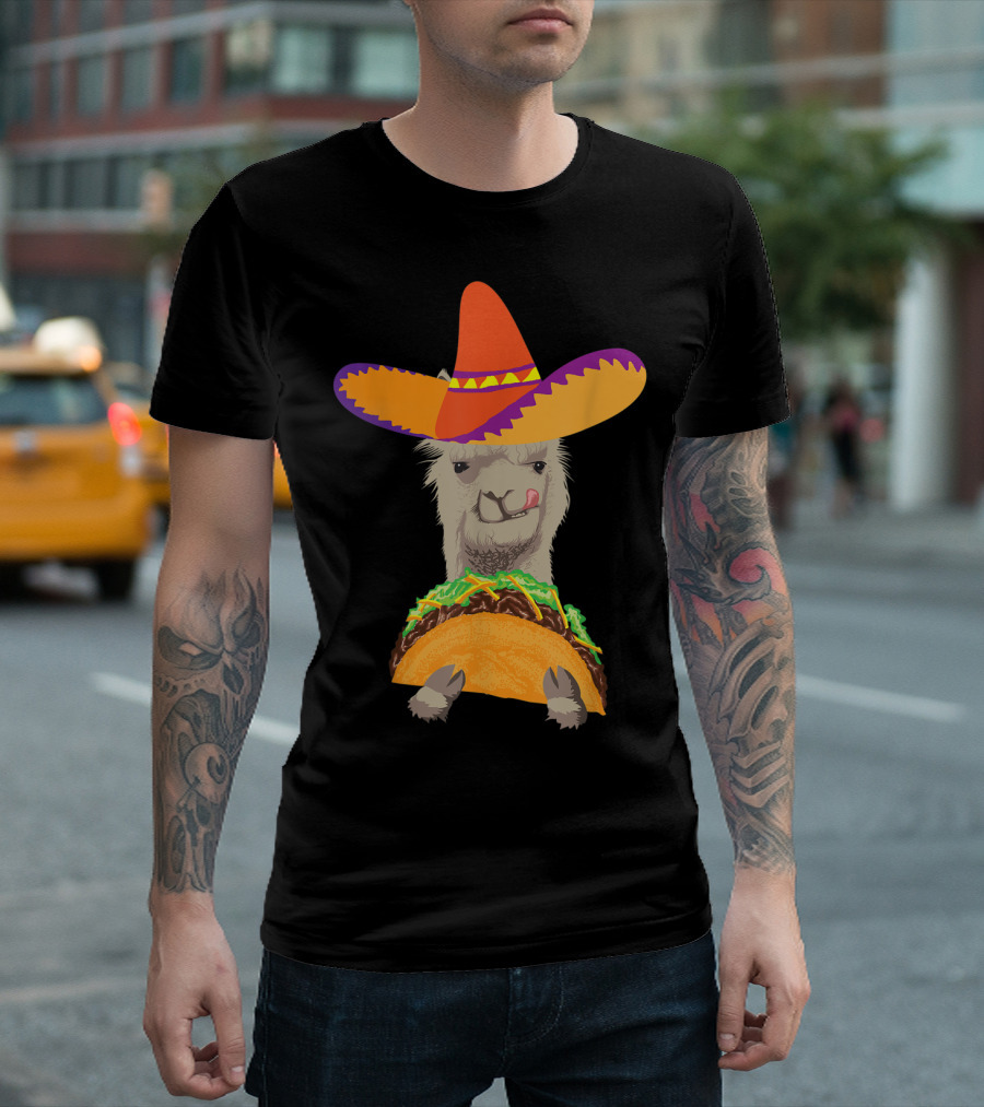 Llama Eating Taco With Sombrero Cool Mexican Alpaca T-Shirt