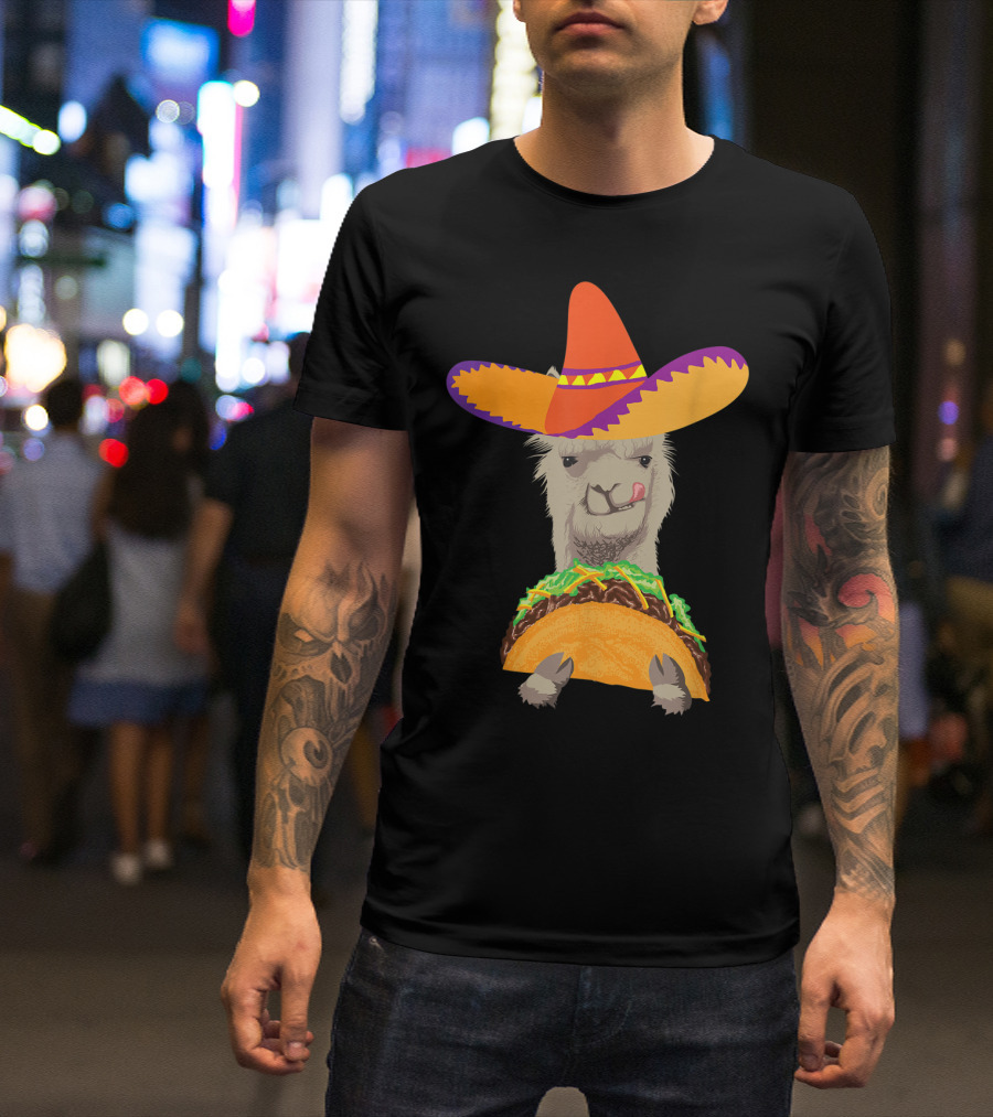 Llama Eating Taco With Sombrero Cool Mexican Alpaca T-Shirt