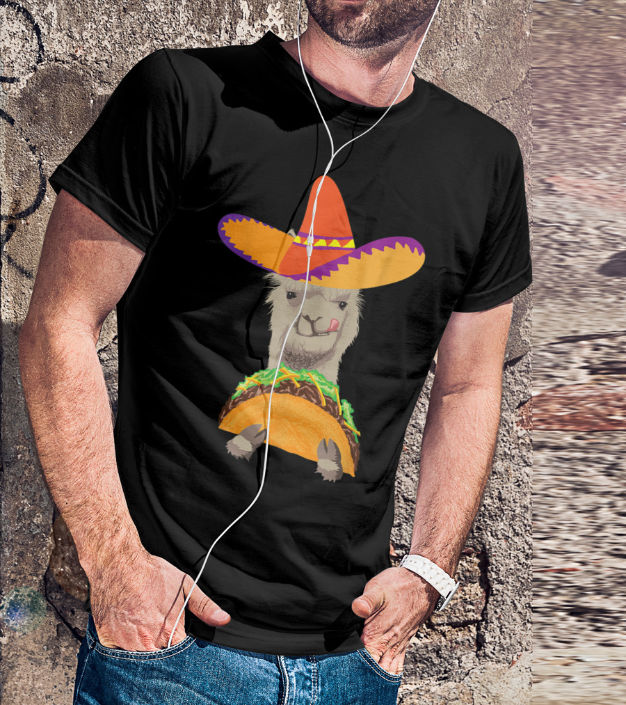 Llama Eating Taco With Sombrero Cool Mexican Alpaca T-Shirt