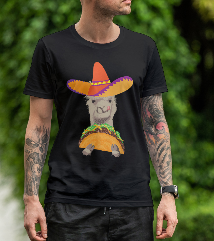 Llama Eating Taco With Sombrero Cool Mexican Alpaca T-Shirt