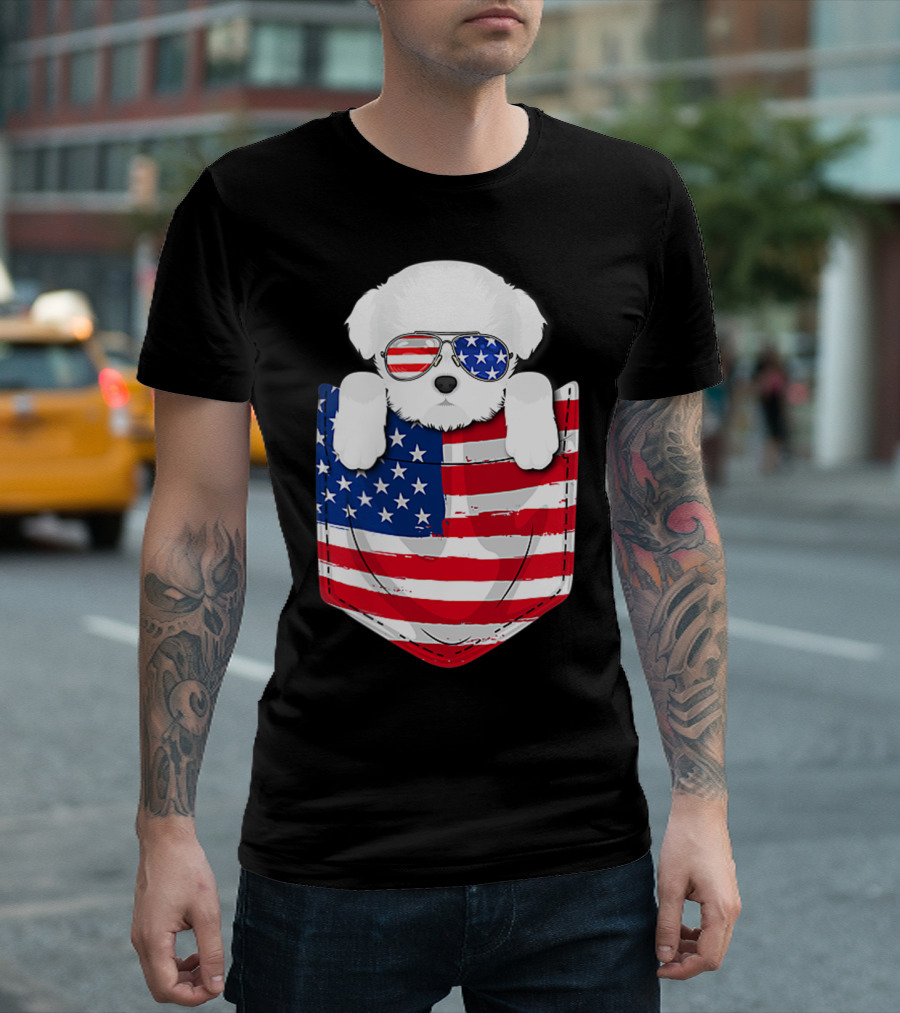 Maltese Dog Peeking Pocket American Flag Sunglasses T-Shirt