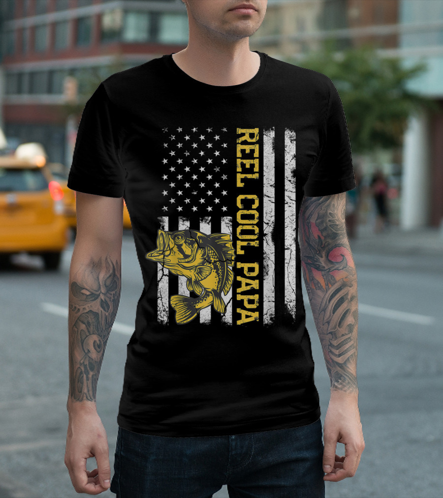 Father's Day Fishing Reel Cool Papa American Flag Bass T-Shirt