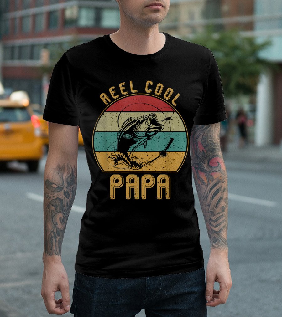 Reel Cool Papa Fishing Father's Day Retro Striped T-Shirt