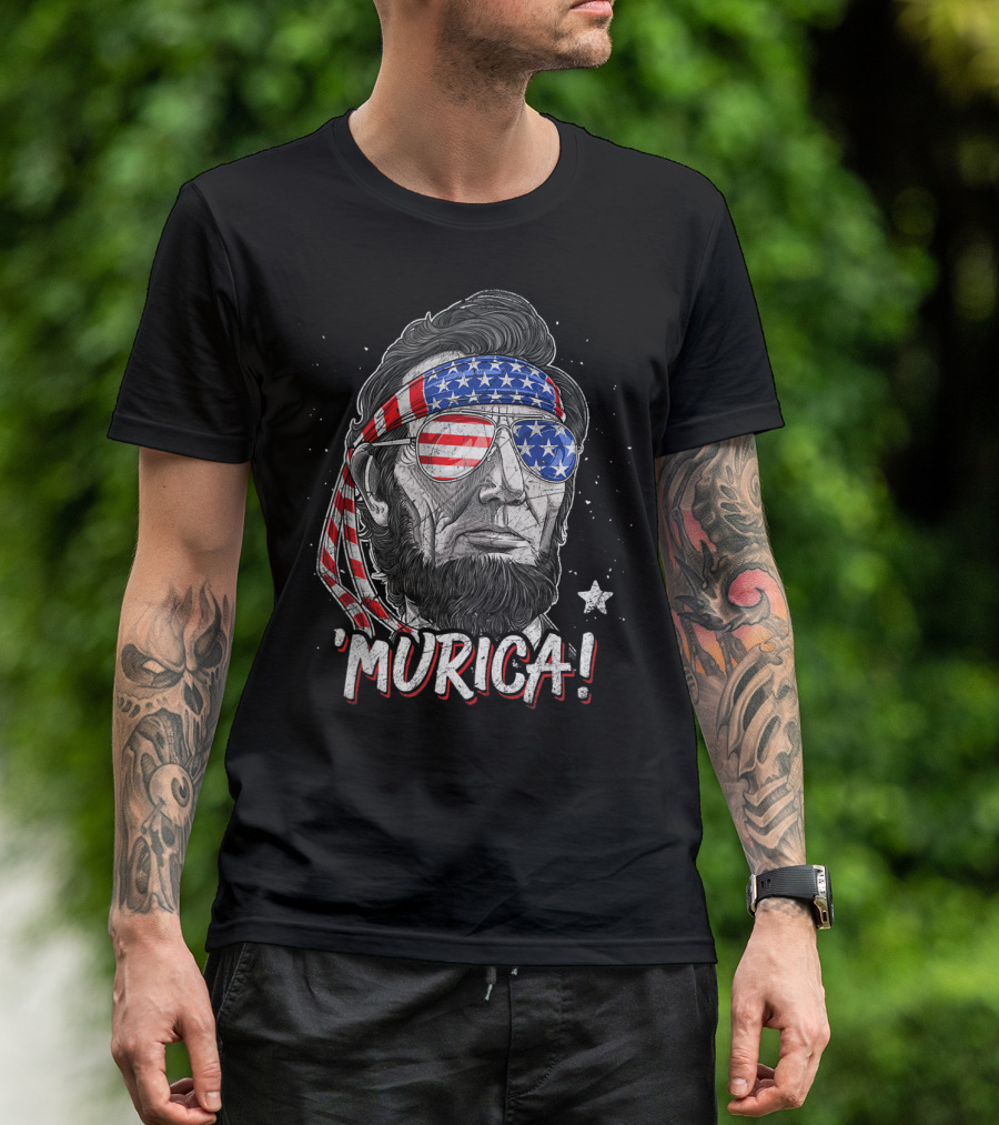 'Murica Abe Lincoln American Flag Bandana And Sunglasses 4th Of July T-Shirt