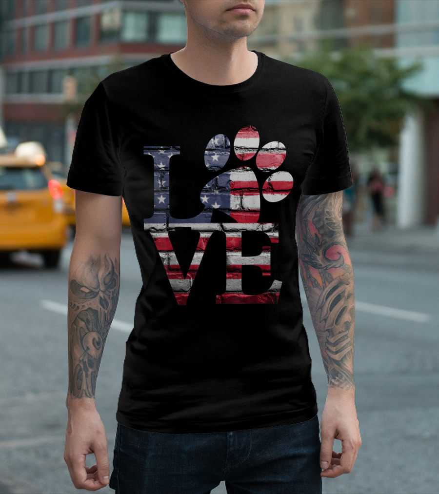 LOVE Patriotic Dog Paw American Flag 4th Of July T-Shirt