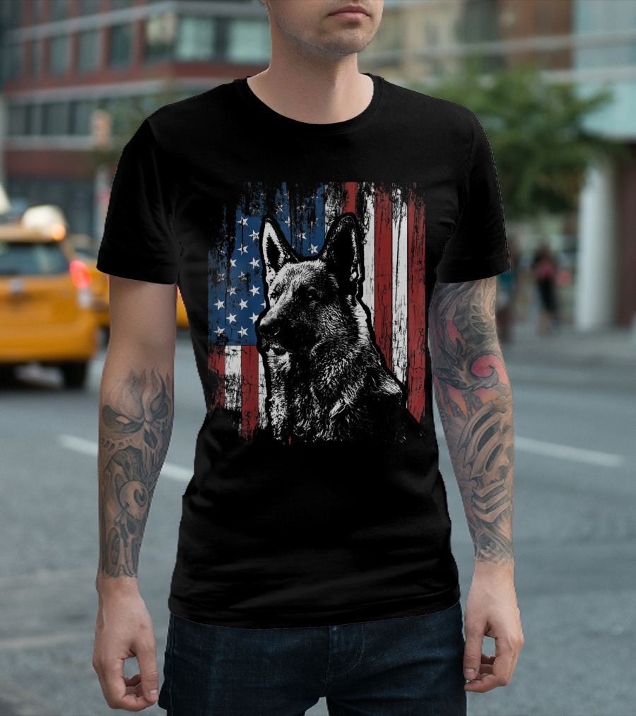 Patriotic German Shepherd with American Flag Background T-Shirt