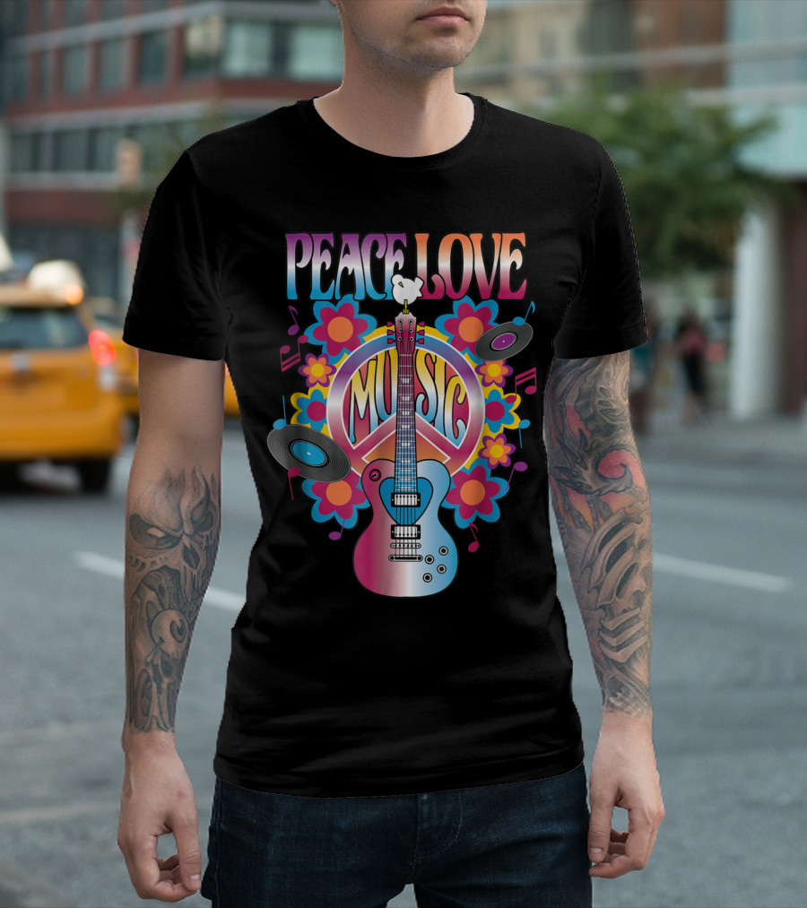 PEACE LOVE MUSIC Guitar Dove Vinyl Records Flower Symbols T-Shirt