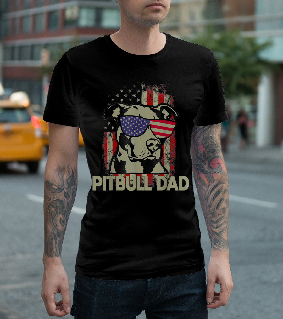 Pitbull Dad USA Flag Sunglasses American Fourth Of July T-Shirt