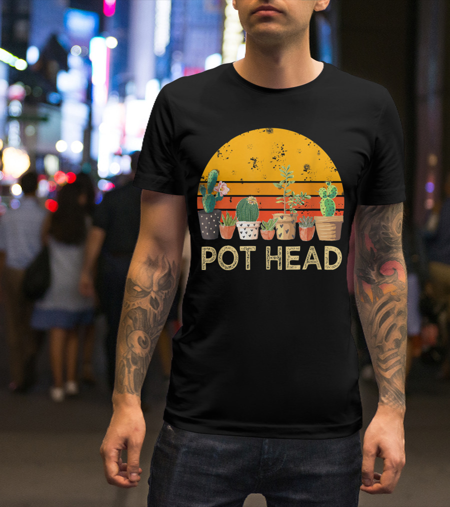 Pot Head Stone Flowers Cactus Vintage Sunset T-Shirt